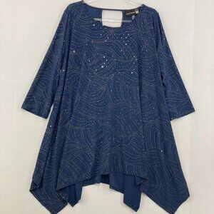 Antthony 1X Navy Sparkling Crew Neck 3/4 Sleeve Stretch Knit Handkerchief Tunic